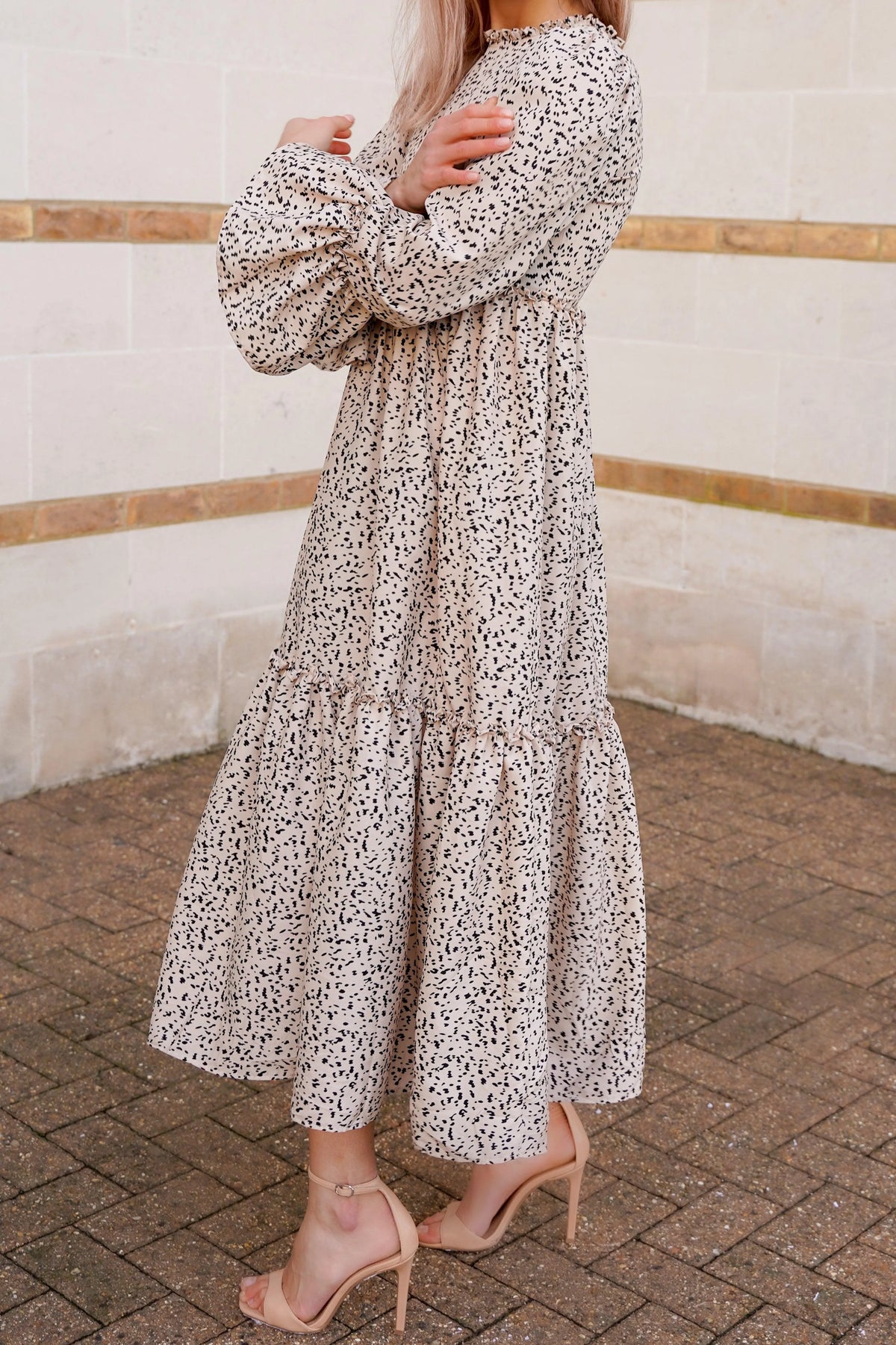 Ikki Long Midi Dress With Long Ruffled Sleeves