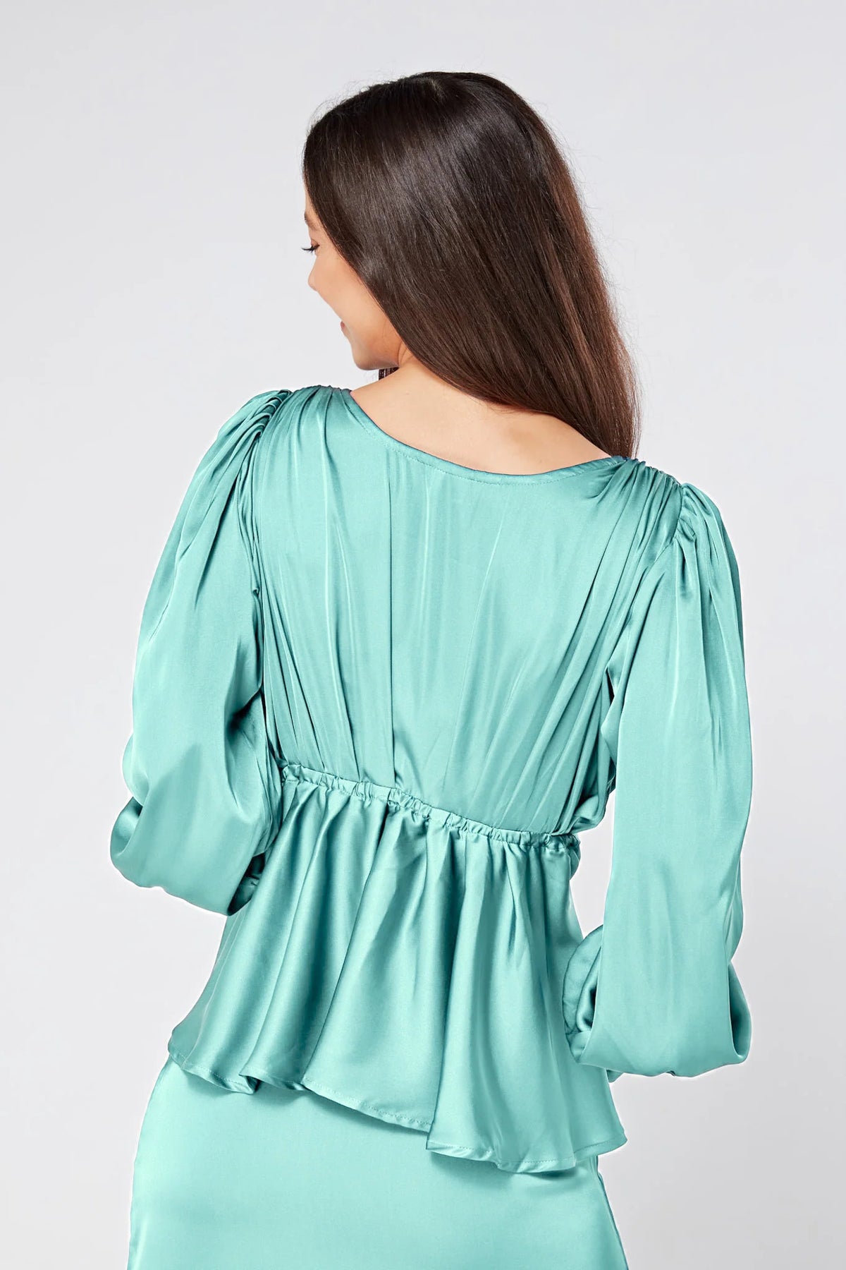 Elisa Aqua Crepe Satin Buttoned Blouse