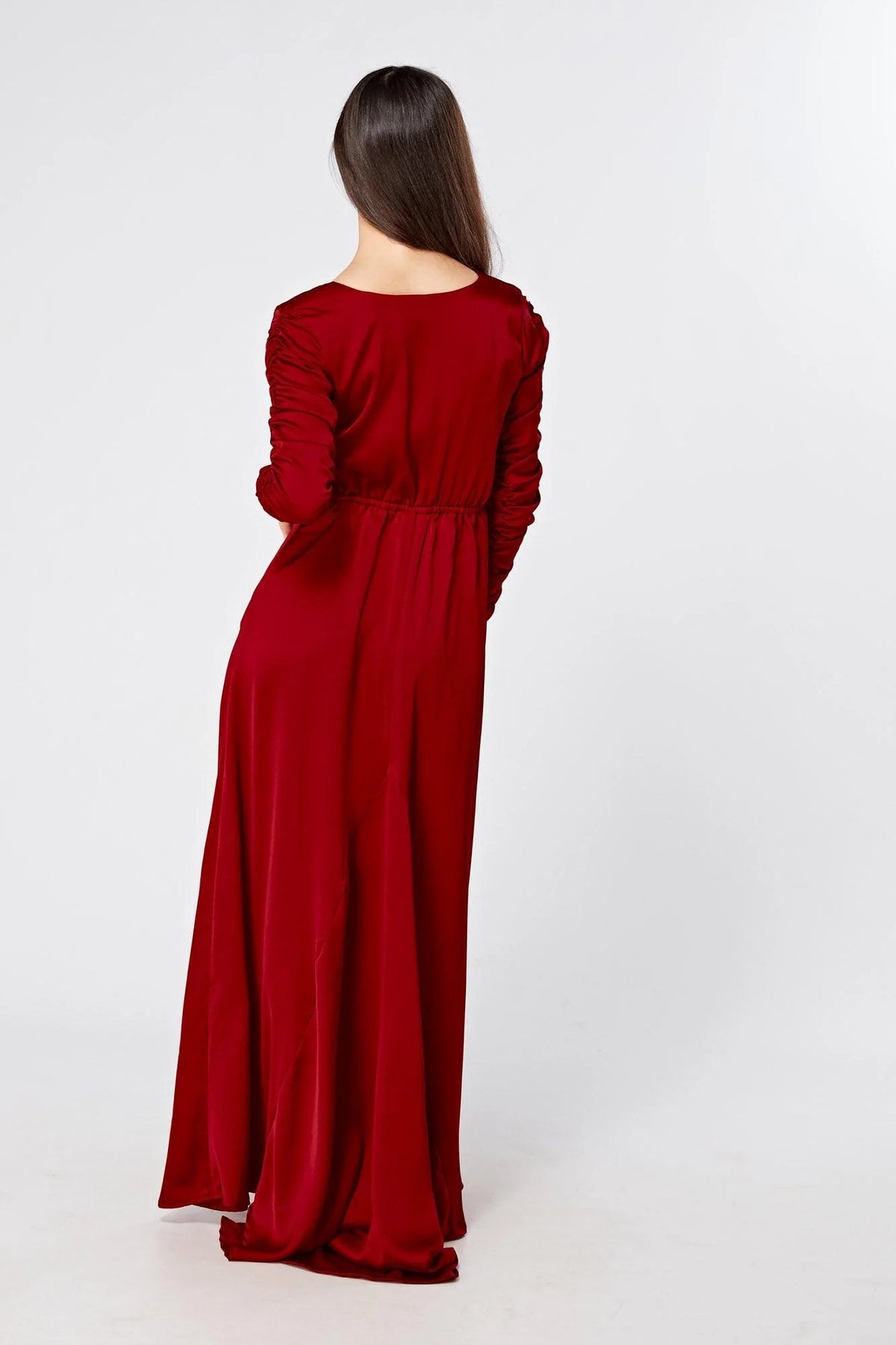 Ella Red Crepe Maxi Dress With Ruched Detail