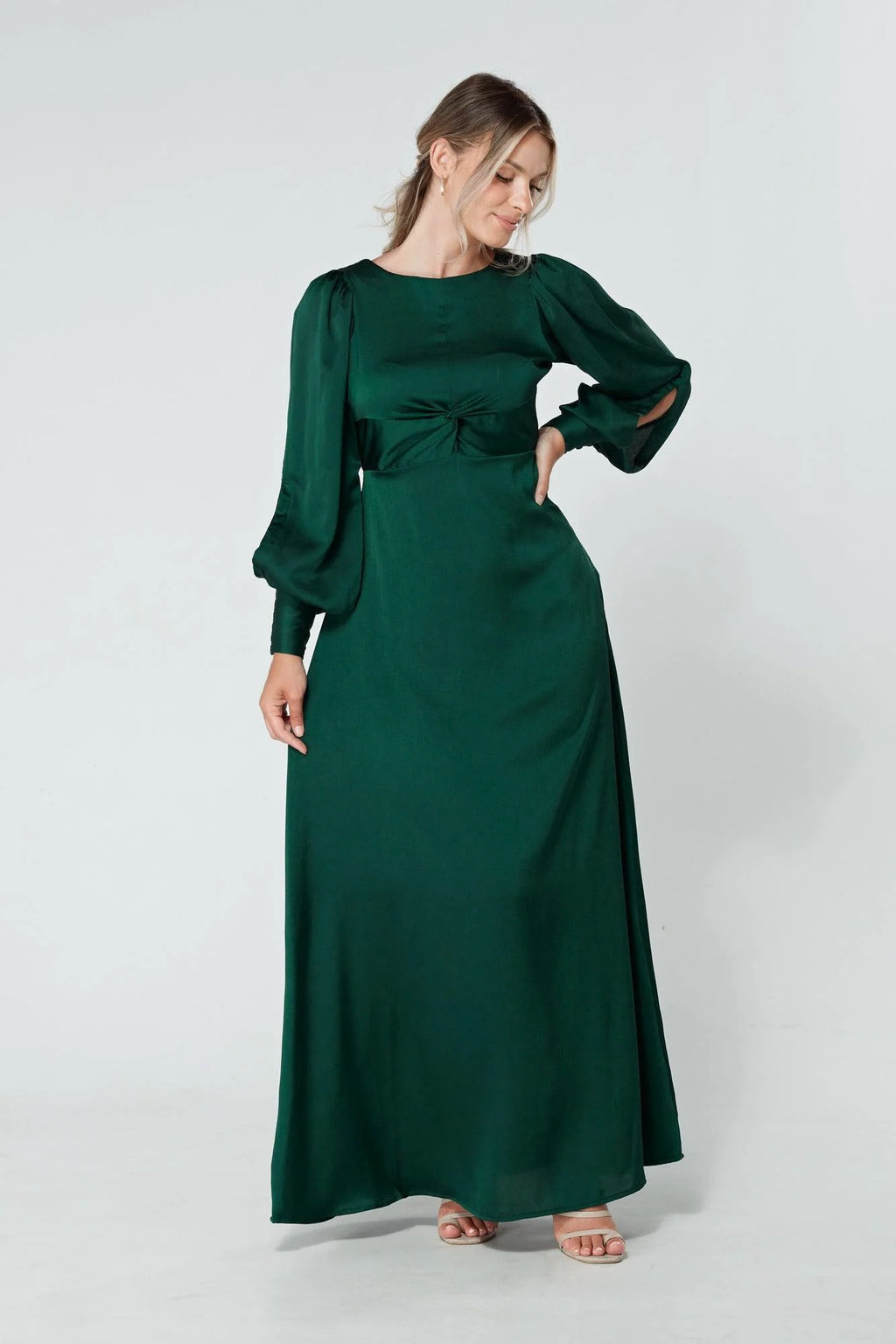 Lila Dark Green Knotted Front Soft Crepe Maxi Dress