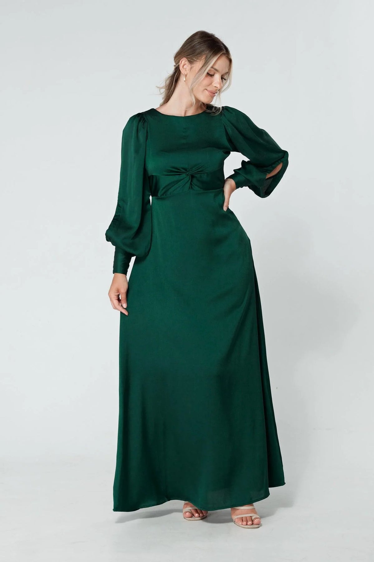 Lila Dark Green Knotted Front Soft Crepe Maxi Dress