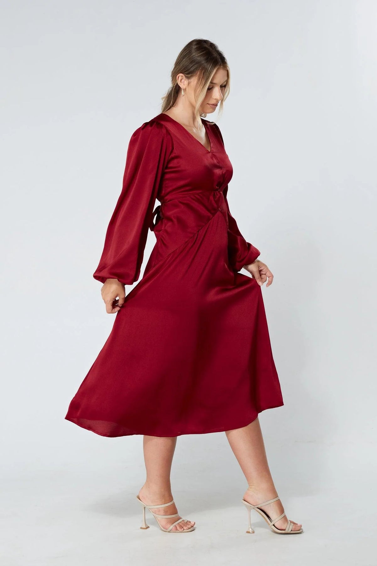 Calissa Deep Red Satin Midaxi Dress