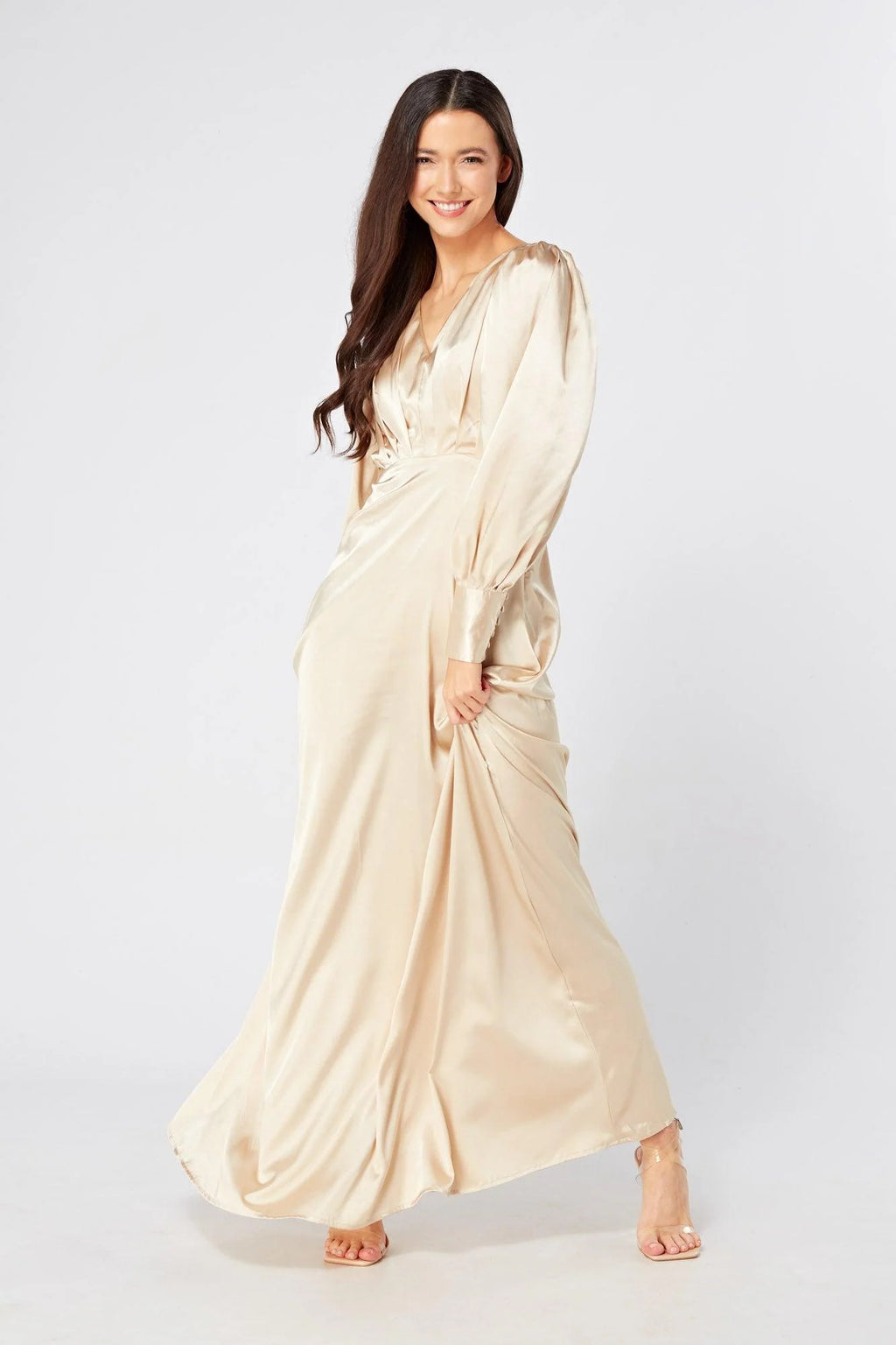 Gabriella Ivory Cream Maxi Satin Dress With Long Sleeves