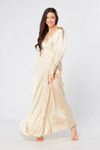 Gabriella Ivory Cream Maxi Satin Dress With Long Sleeves