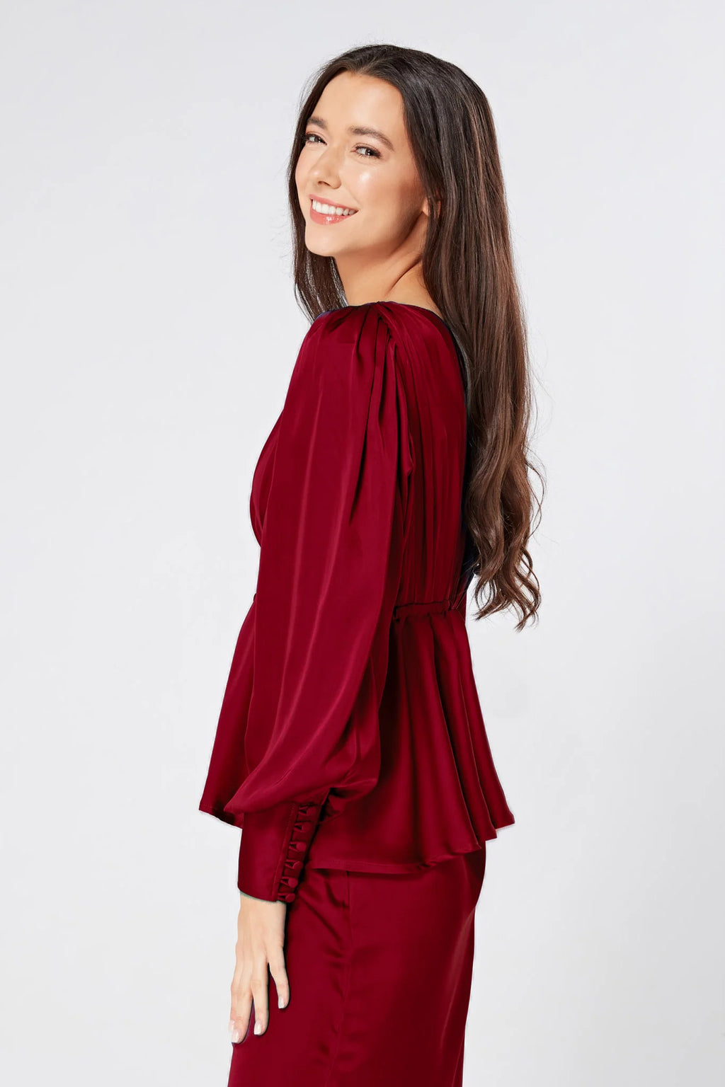 Elisa Deep Red Satin Buttoned Blouse