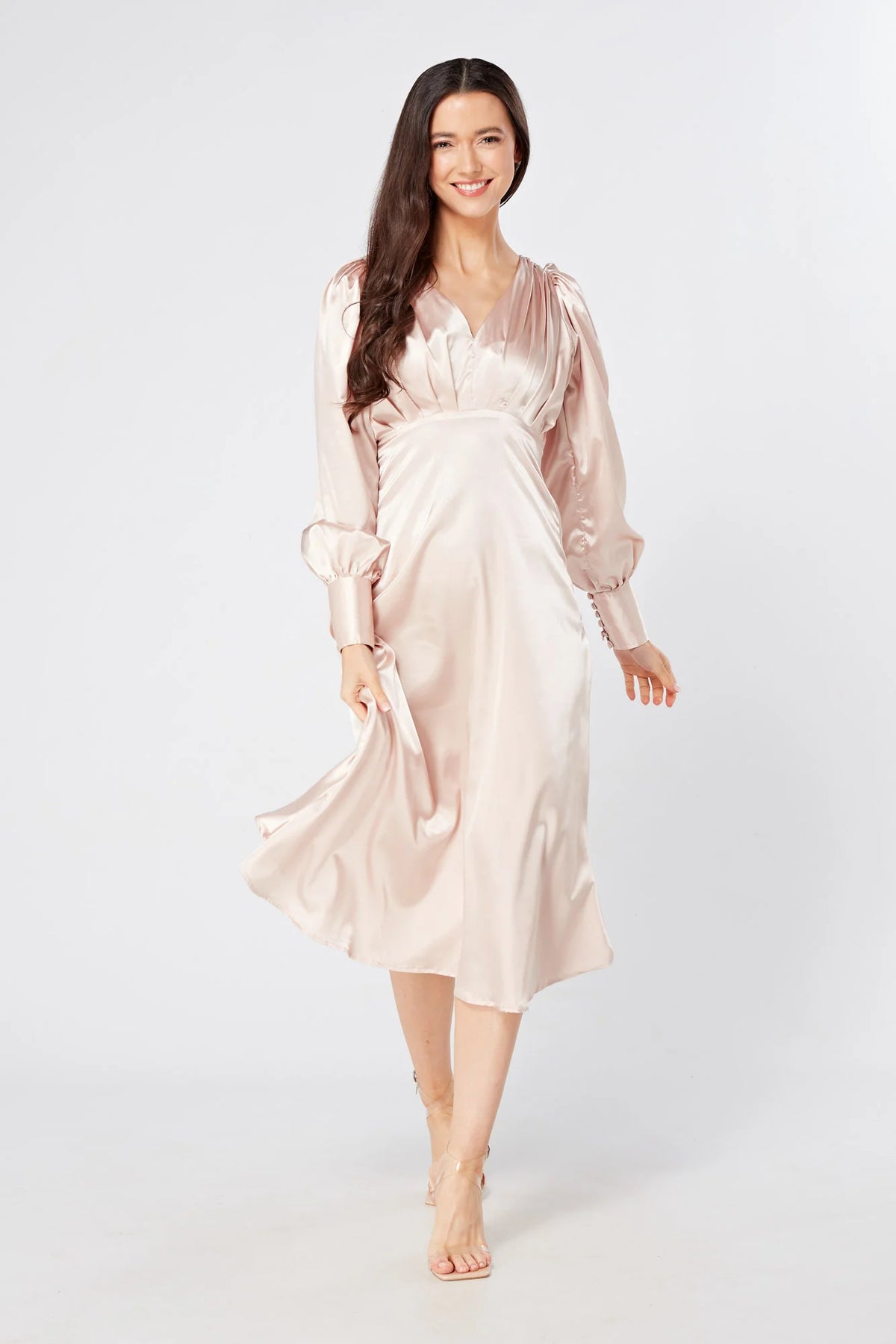 Rosetta Rose Satin Midi Dress With Long Sleeves