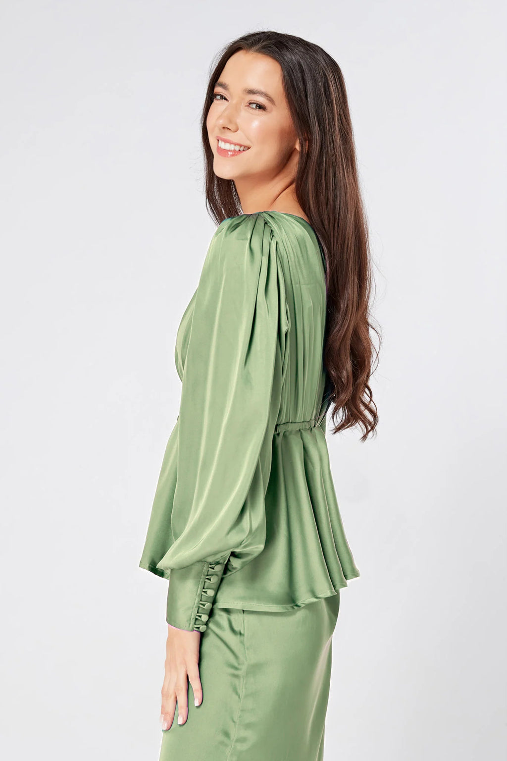 Elisa Olive Green Crepe Satin Buttoned Blouse