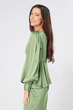 Elisa Olive Green Crepe Satin Buttoned Blouse