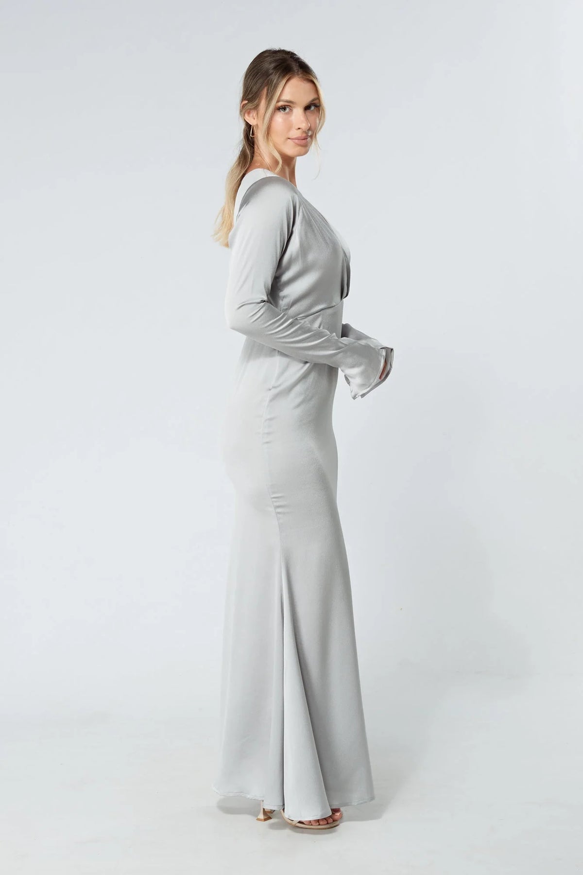 Alessandra Silver Satin Crepe Maxi Dress