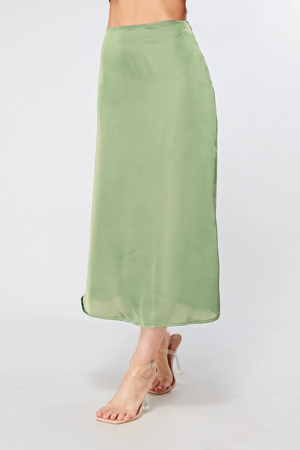 Elisa Olive Satin Midi Skirt