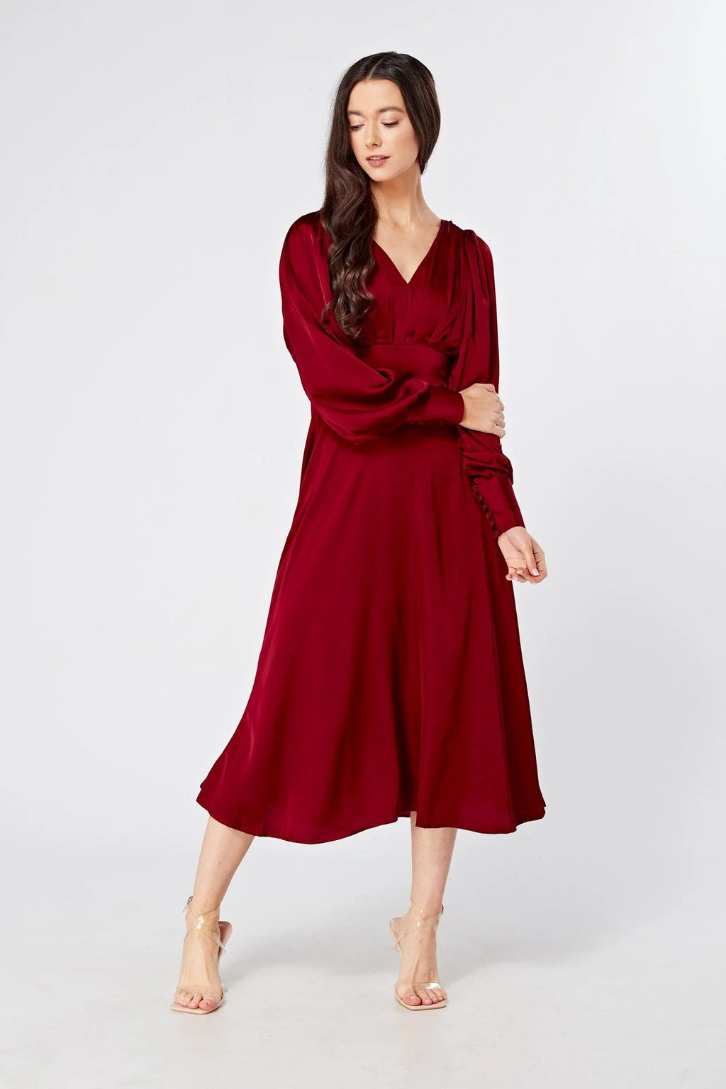 Nora Deep Red Satin Midi Dress