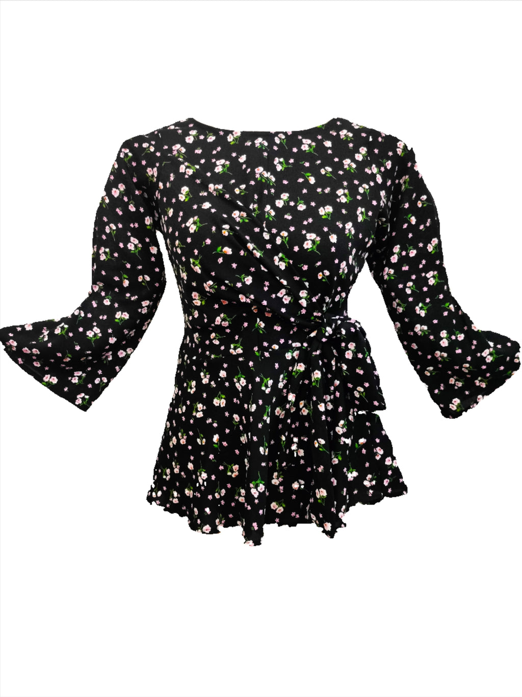 Bella black floral front knotted top