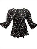 Bella black floral front knotted top