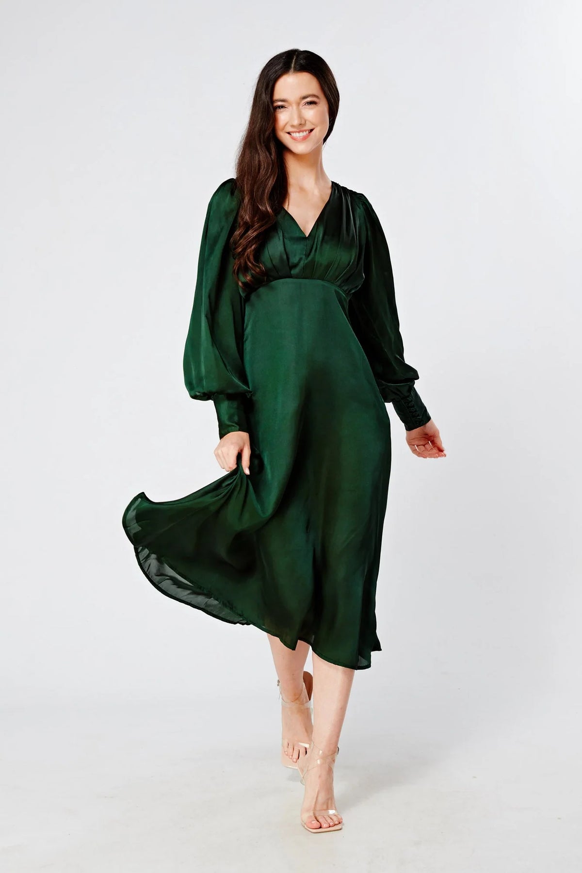 Zarina Emerald Green Satin Midi Dress