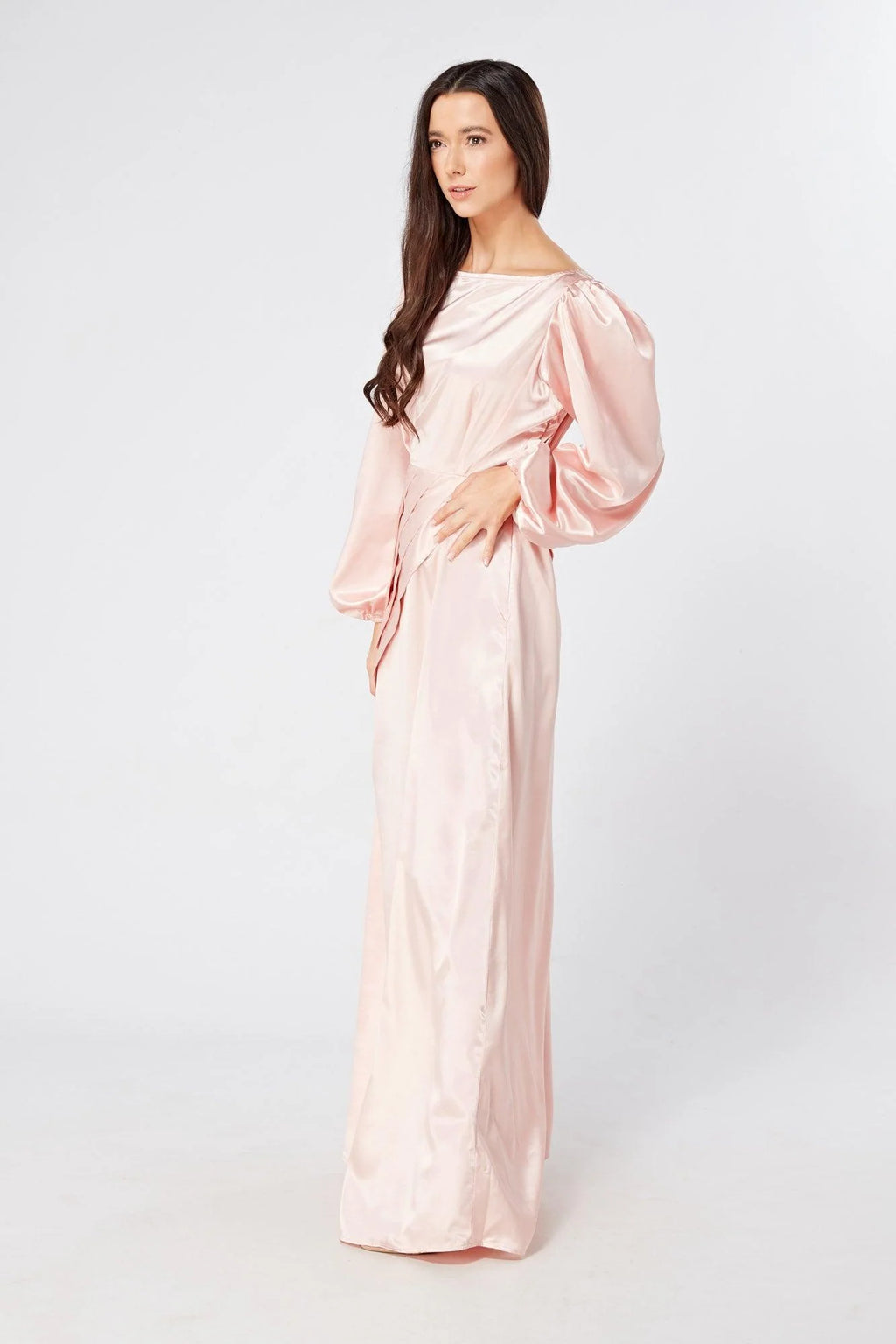 Seraphina Pink Satin Maxi Dress With Long Sleeves