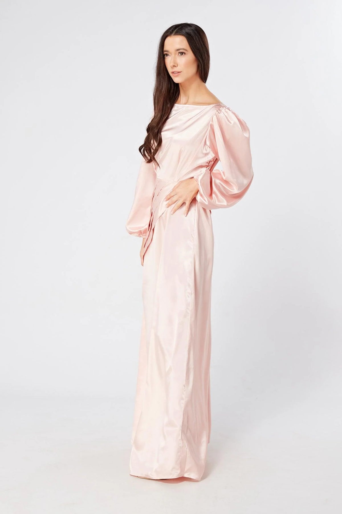 Seraphina Pink Satin Maxi Dress With Long Sleeves