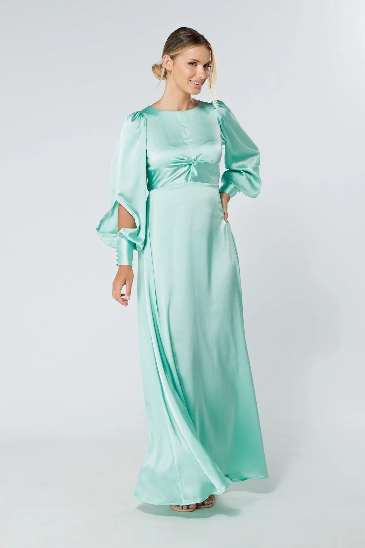 Lila Aqua Knotted Front Crepe Maxi Dress