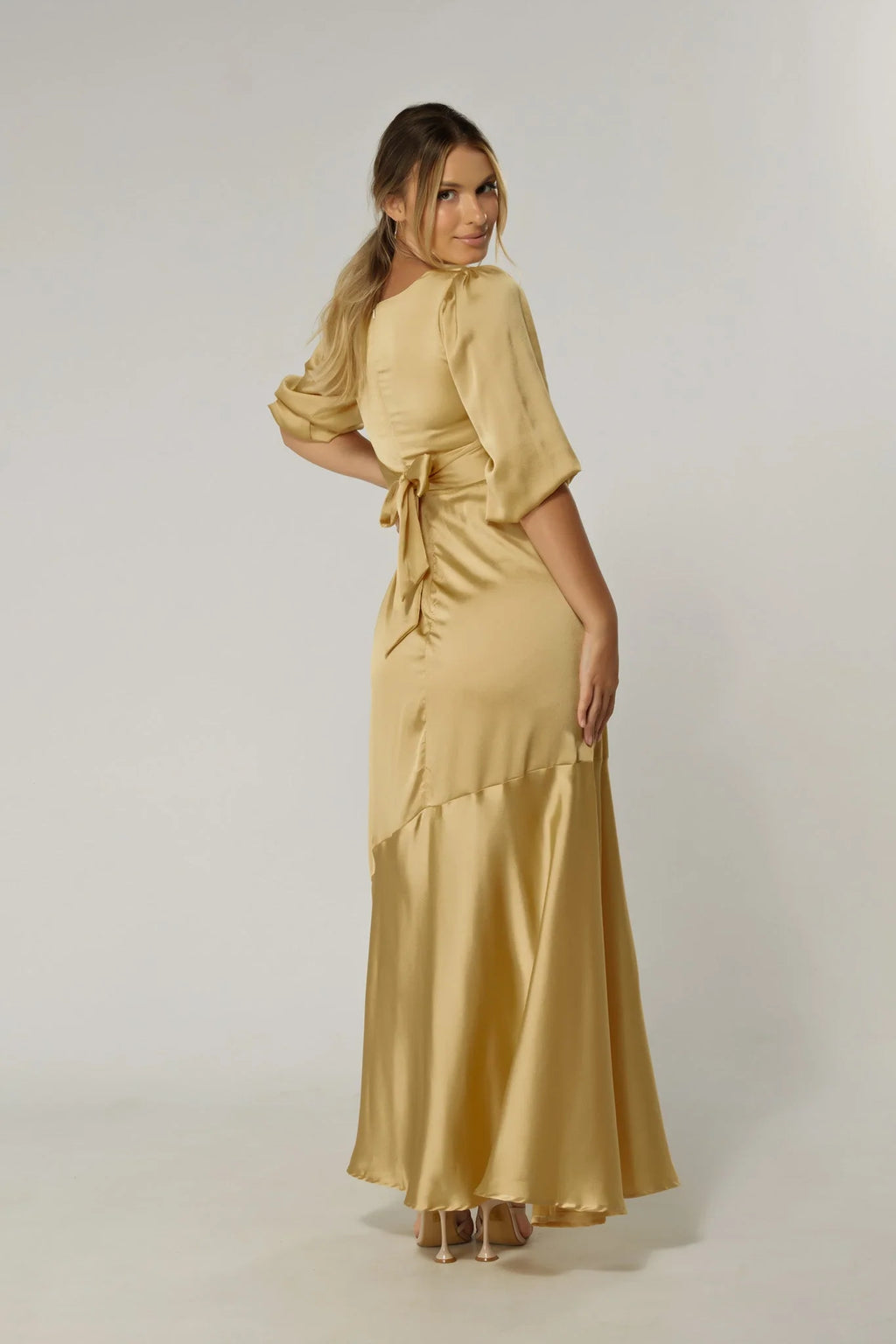 Naomi Light Gold Satin Maxi Dress