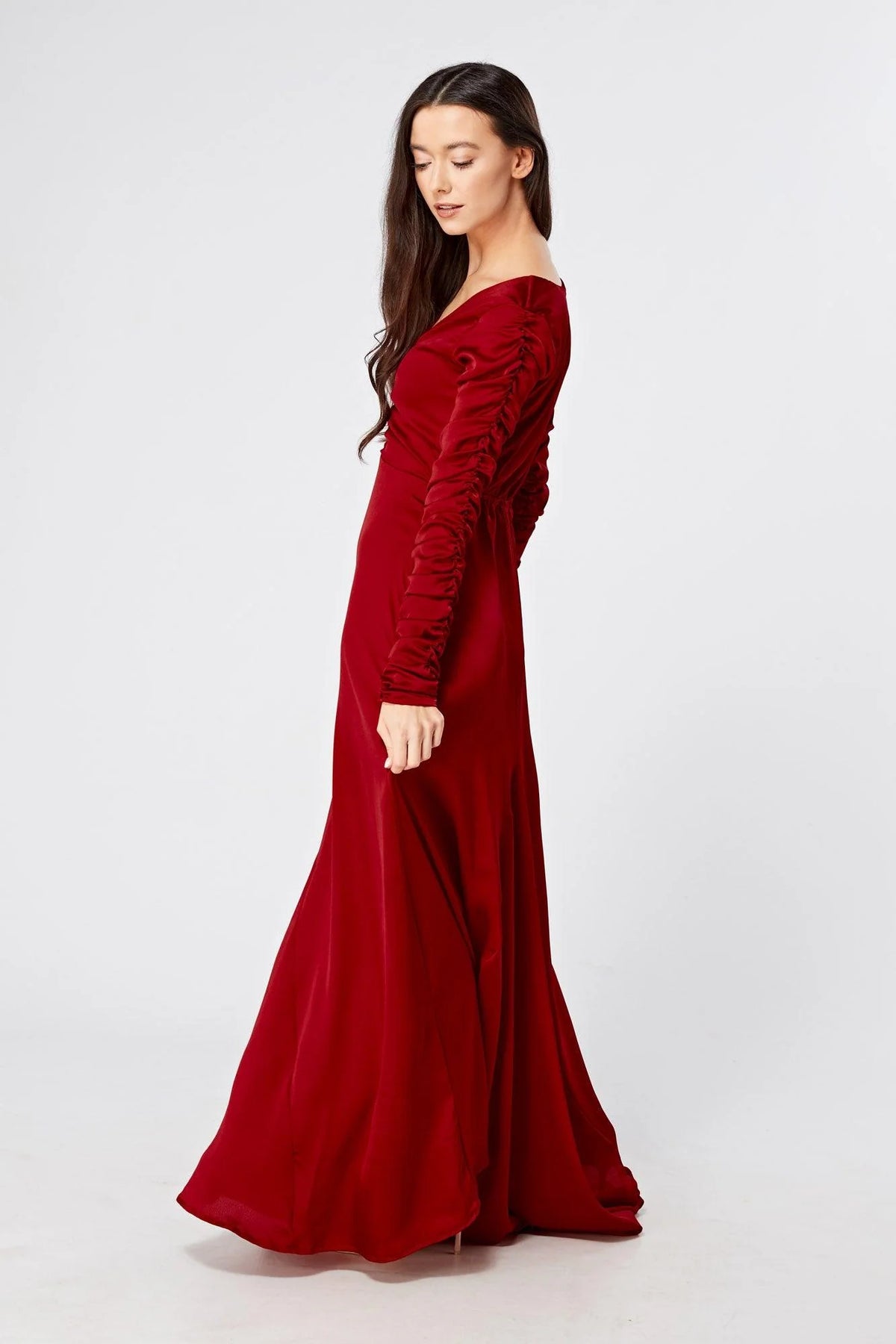 Ella Red Crepe Maxi Dress With Ruched Detail