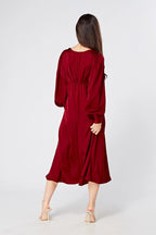 Nora Deep Red Satin Midi Dress With Long Sleeves