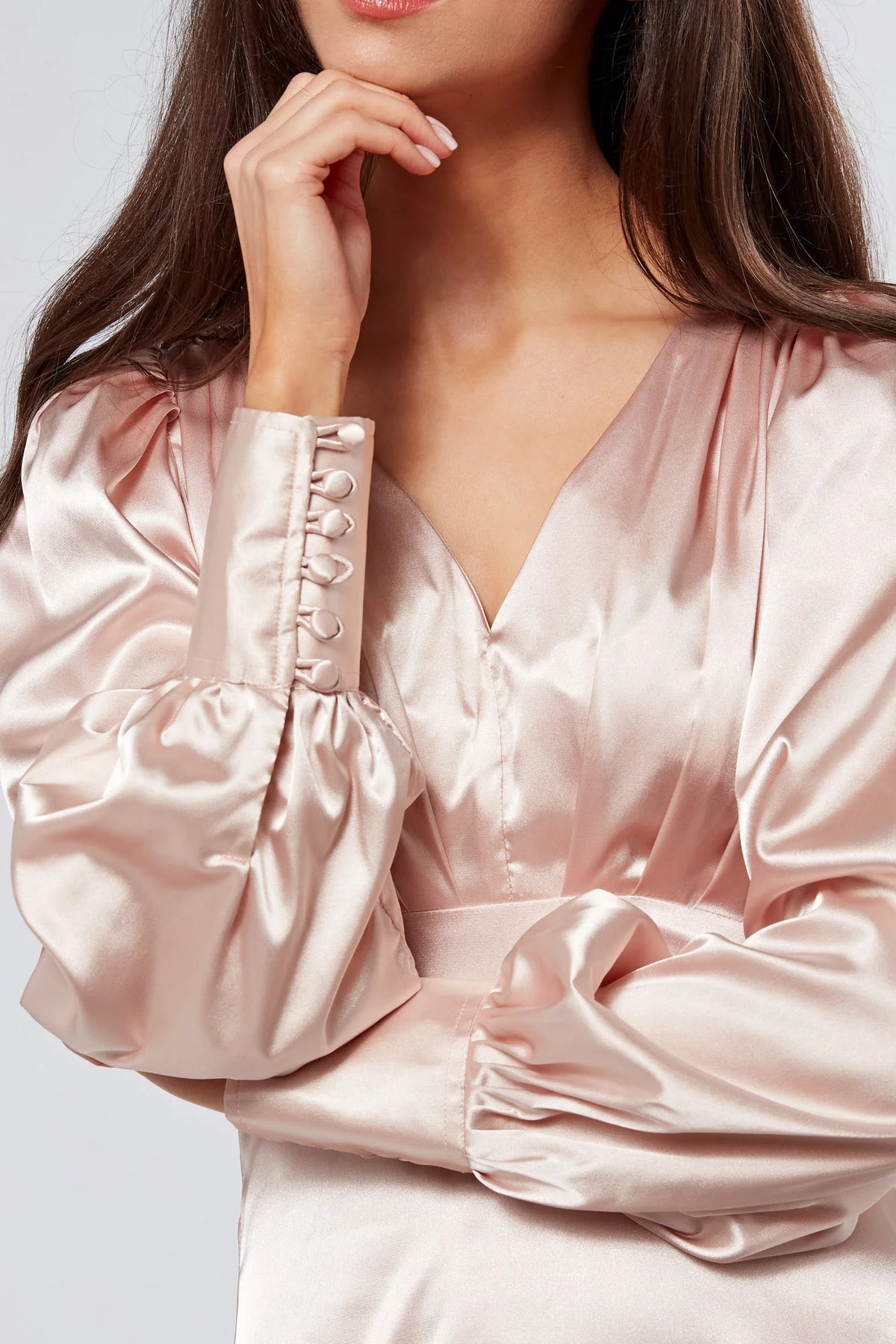 Rosetta Rose Satin Midi Dress With Long Sleeves