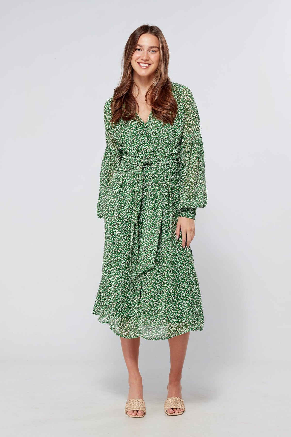 Sofia Green Midi Dress With Belted Front