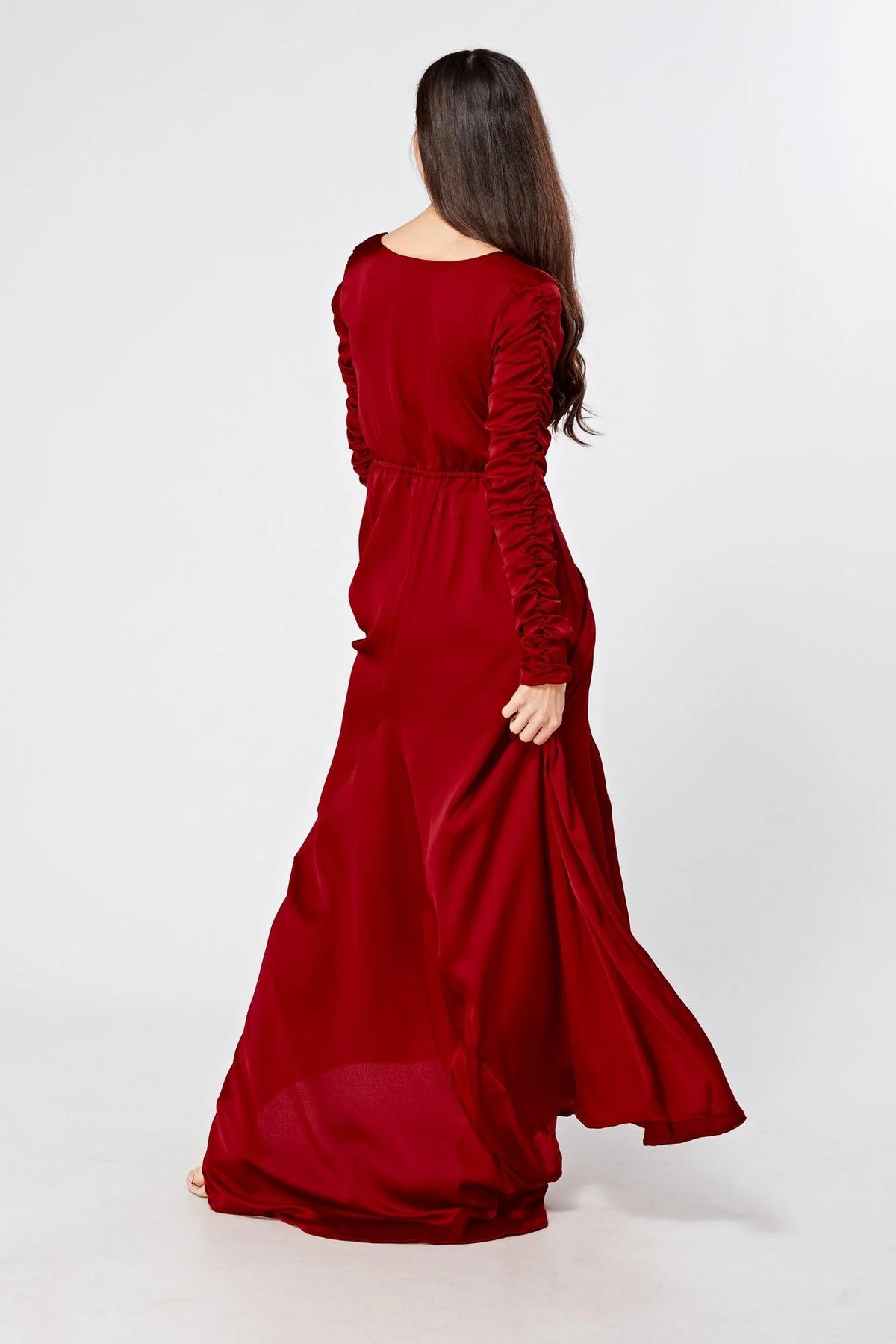 Ella Red Crepe Maxi Dress With Ruched Detail
