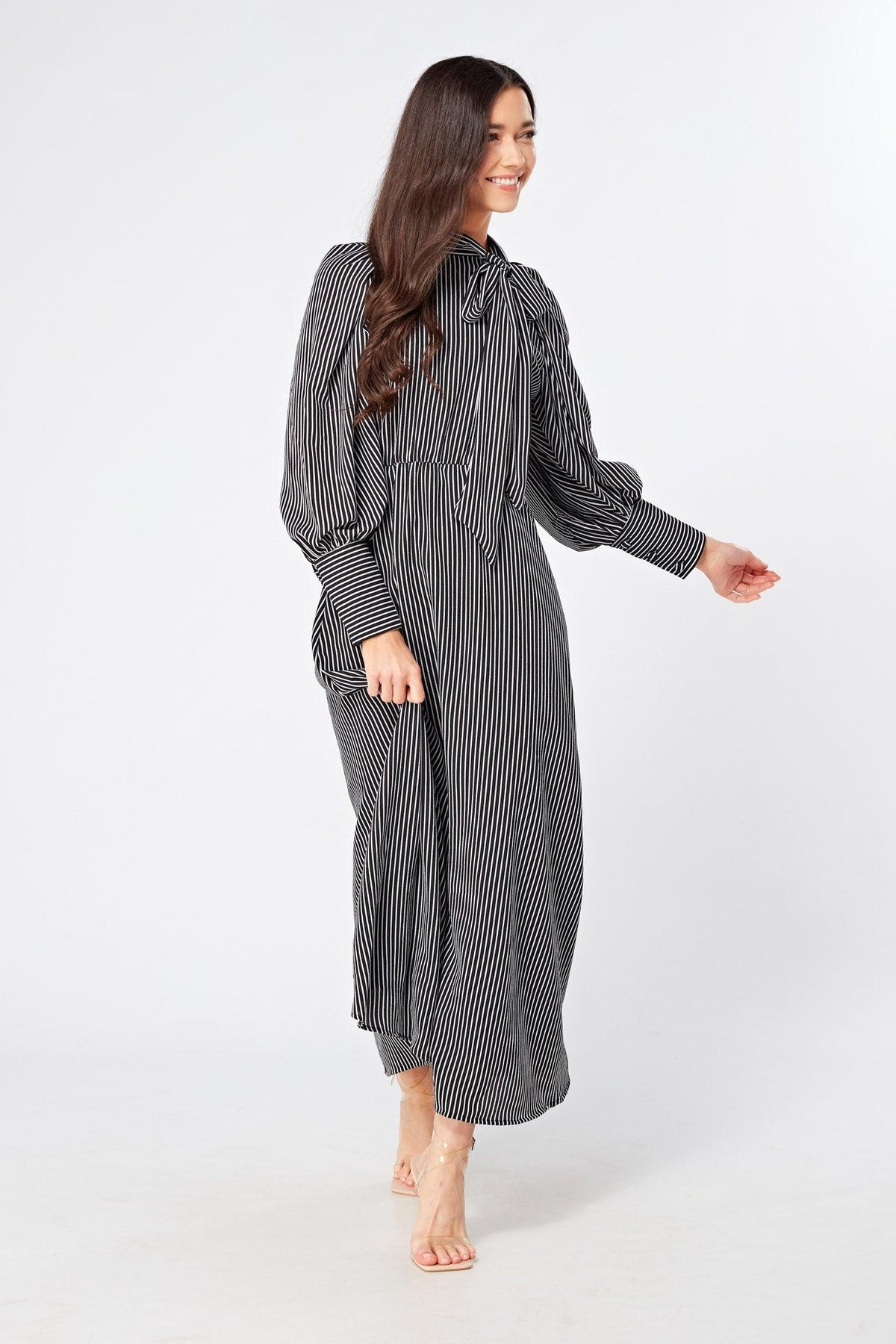 Lilia High Neck Pussybow Black And White Maxi Dress