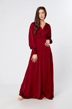Norina Deep Red Satin Maxi Dress With Long Sleeves