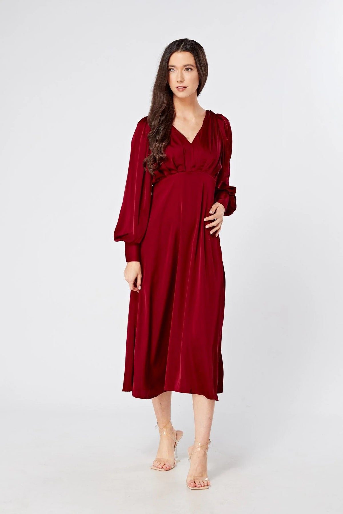 Nora Deep Red Satin Midi Dress