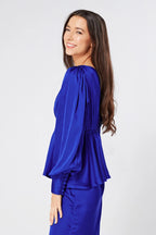 Elisa Cobalt Blue Crepe Satin Buttoned Blouse