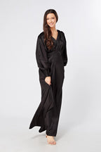 Colette Black Satin Maxi Gown with long sleeves