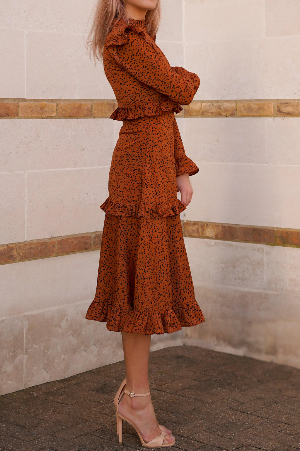 Mira Frilled Midi Dress With High Neck