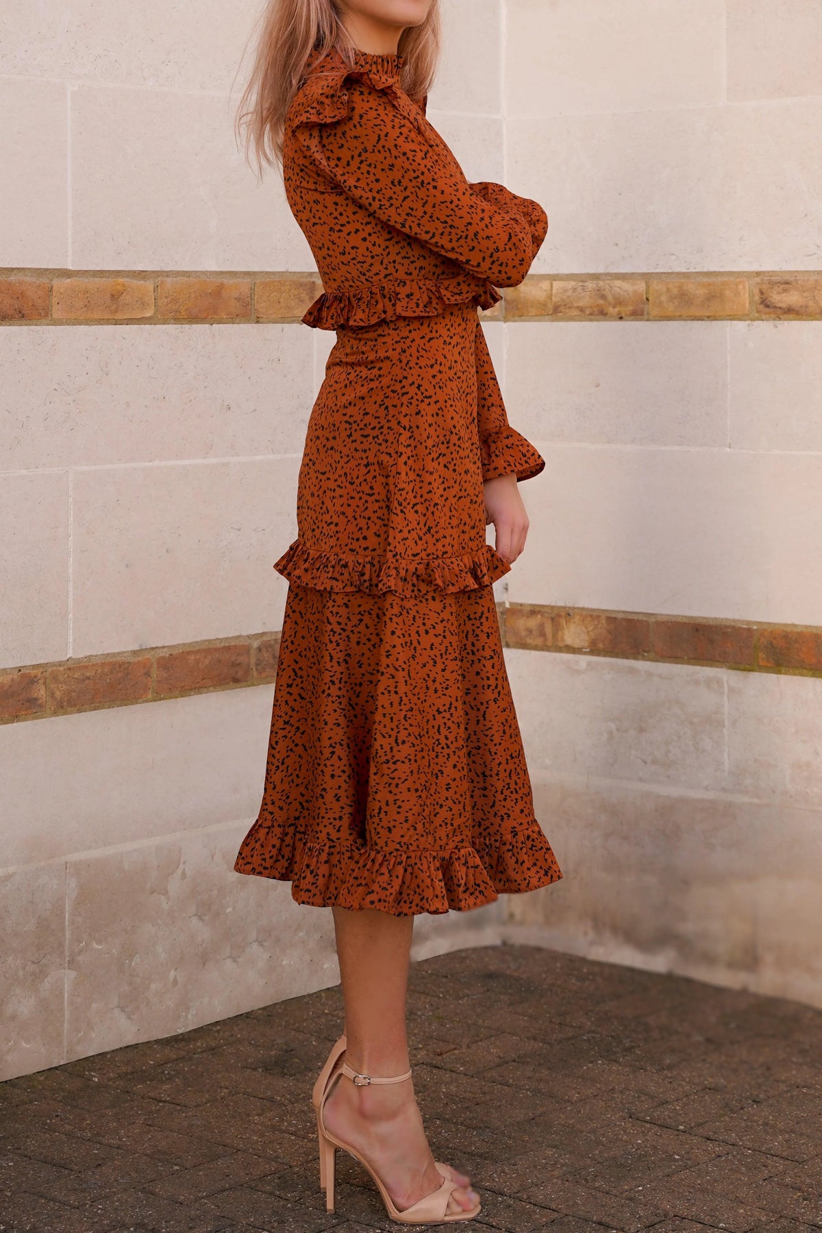 Mira Frilled Midi Dress With High Neck