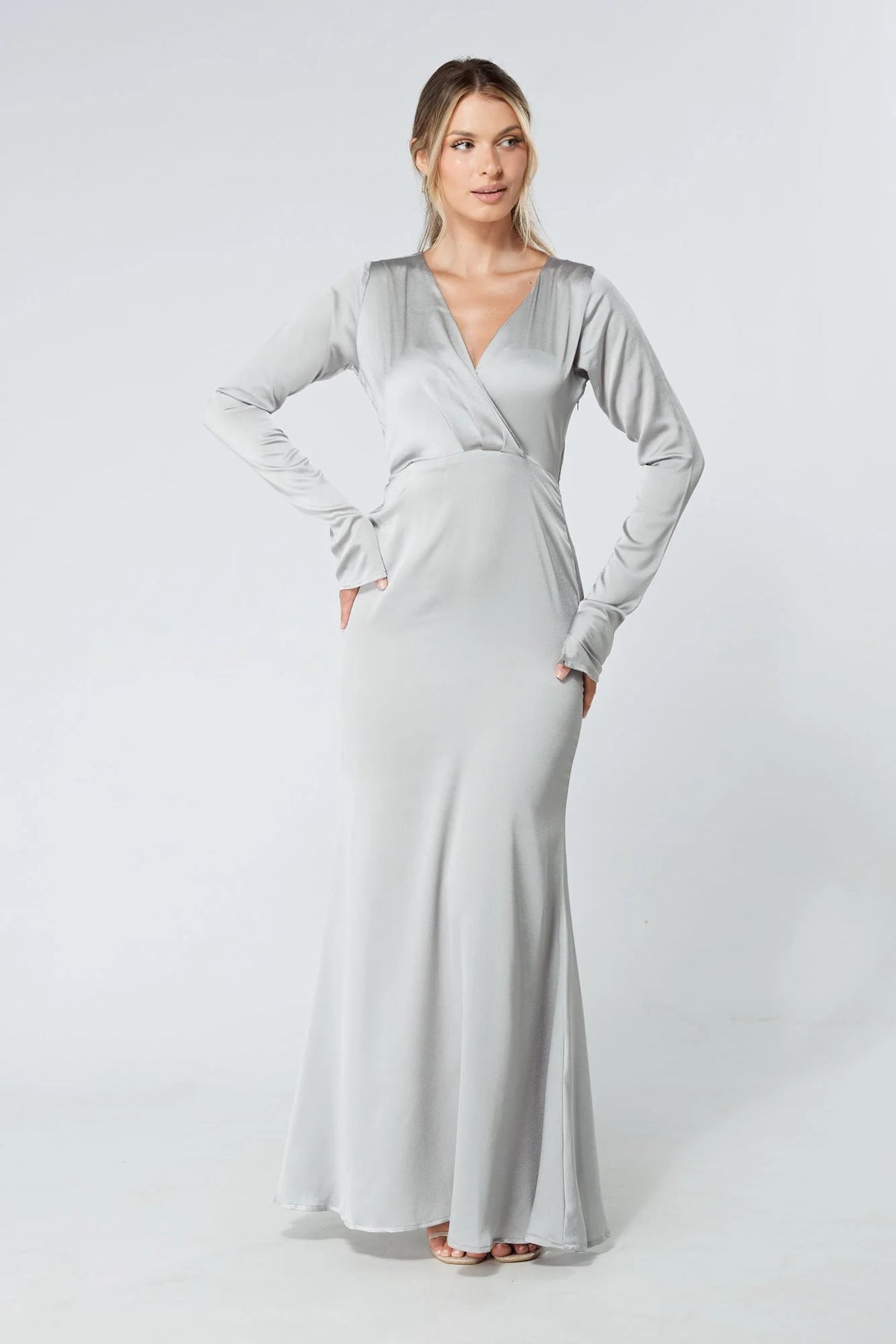 Alessandra Silver Satin Crepe Maxi Dress