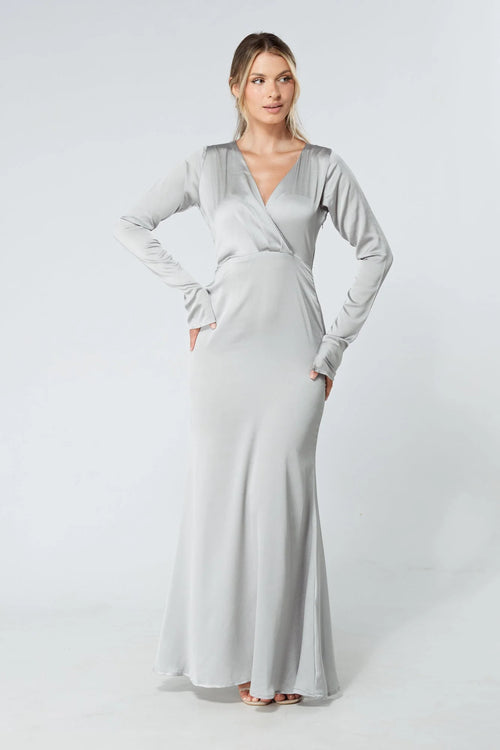 Alessandra Silver Satin Crepe Maxi Dress
