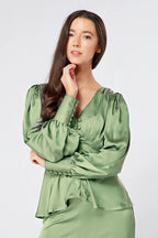 Elisa Olive Green Crepe Satin Buttoned Blouse