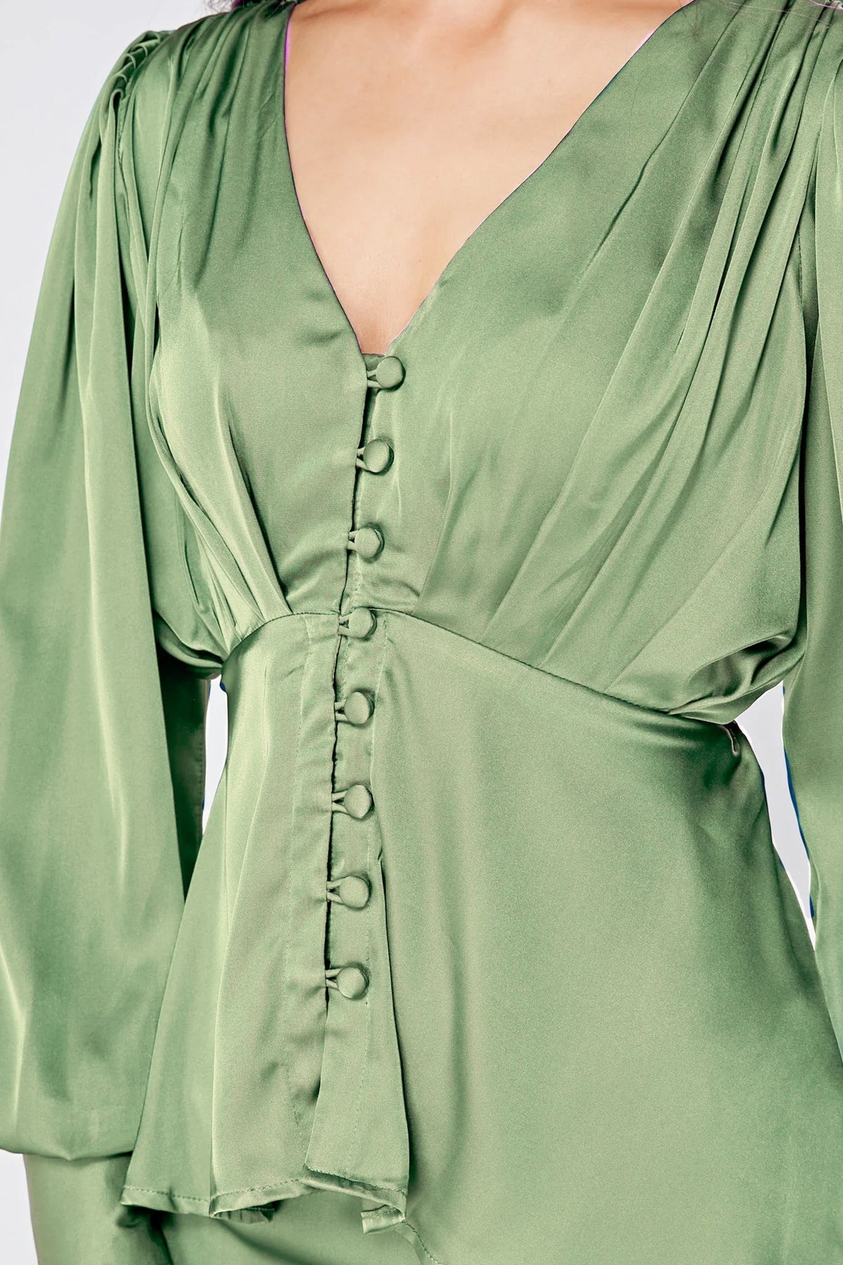 Elisa Olive Green Crepe Satin Buttoned Blouse