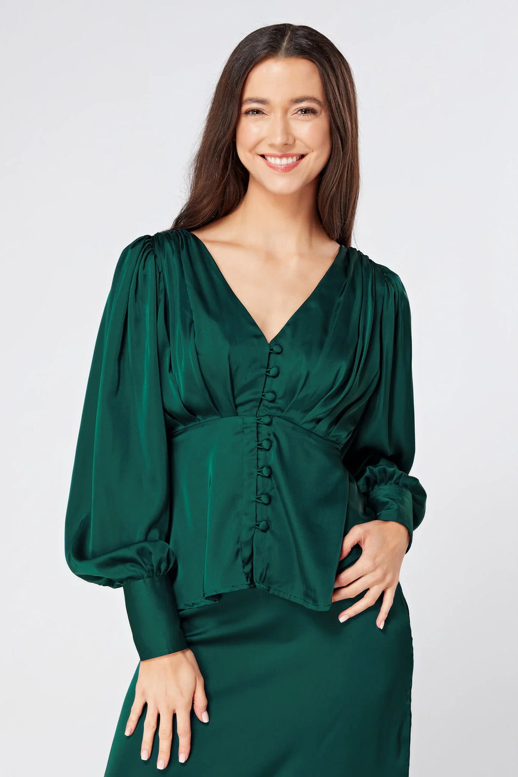 Elisa Dark Green Satin Buttoned Blouse
