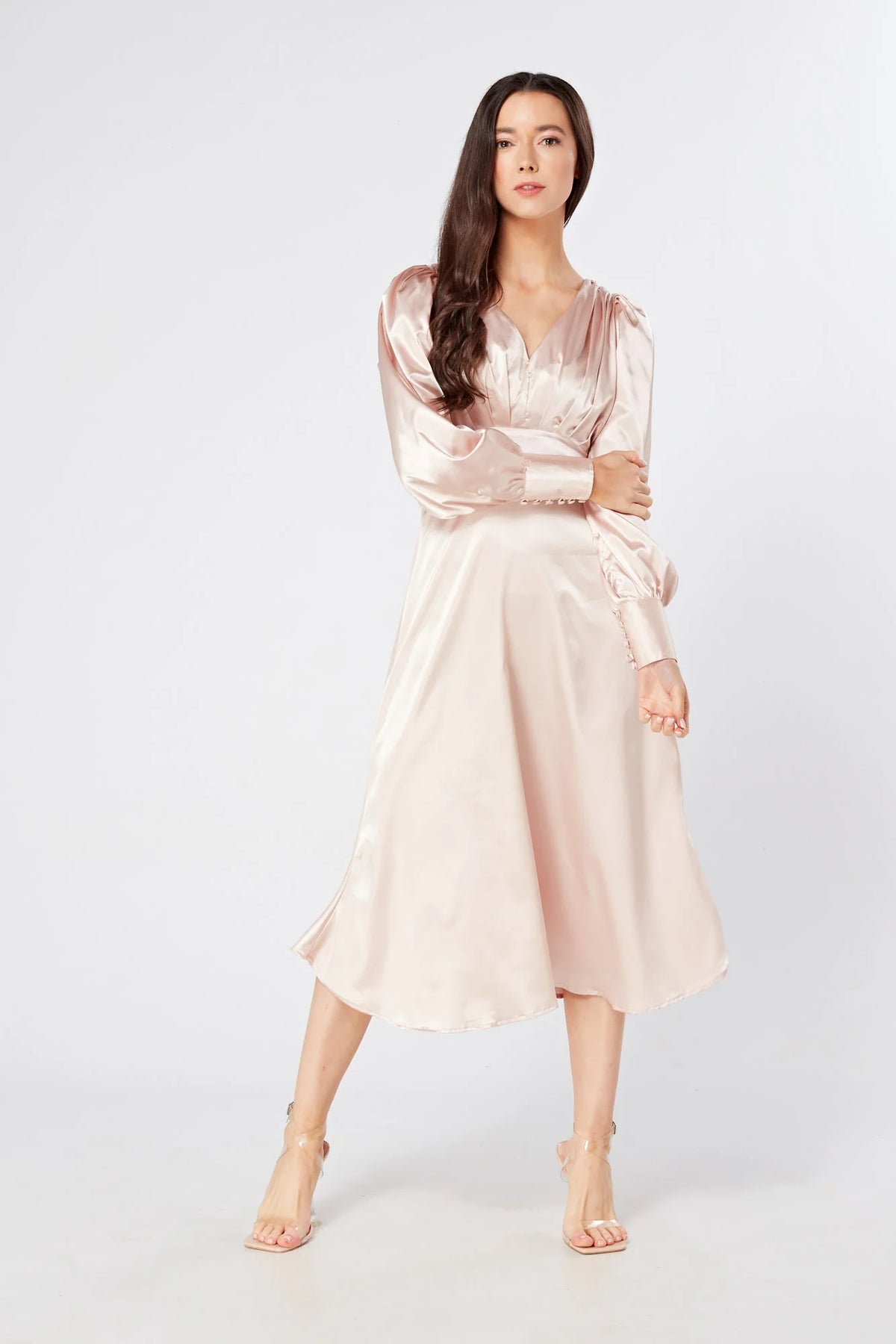 Rosetta Rose Satin Midi Dress With Long Sleeves