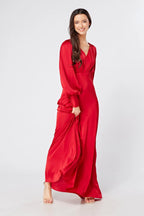 Valeria Scarlet Red Satin Luxury Maxi Dress With Long Sleeves