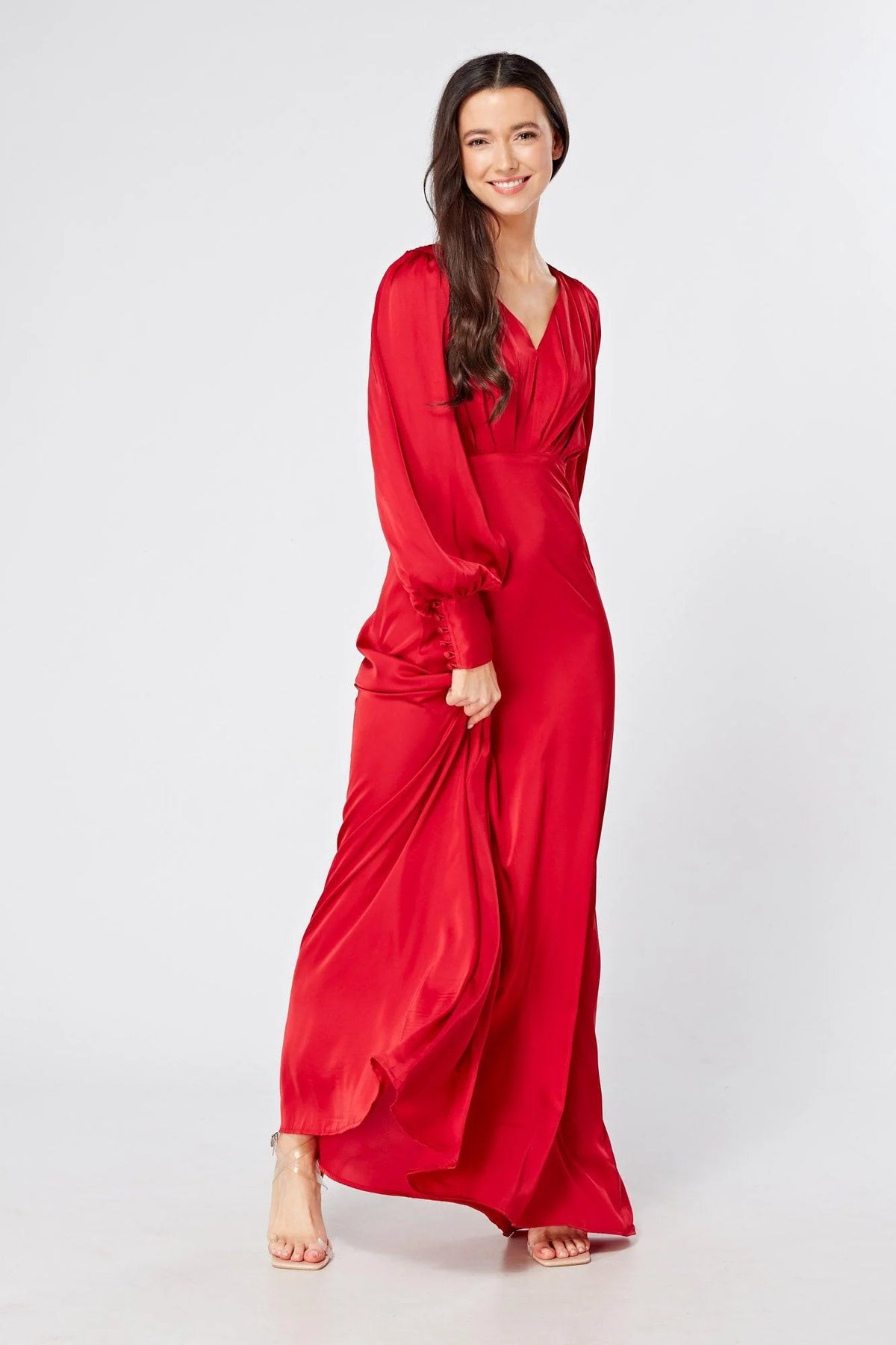 Valeria Scarlet Red Satin Luxury Maxi Dress With Long Sleeves