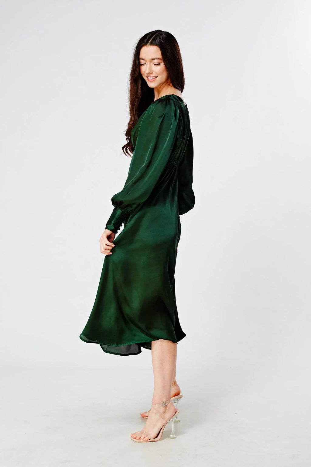 Zarina Emerald Green Satin Midi Dress