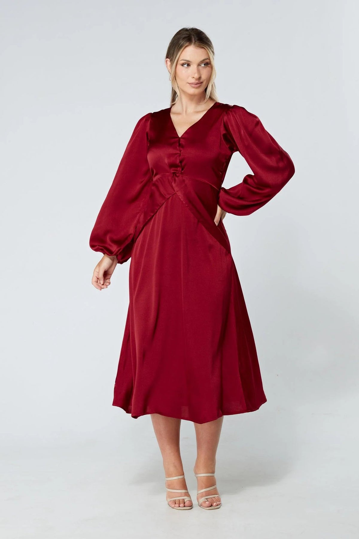 Calissa Deep Red Satin Midaxi Dress