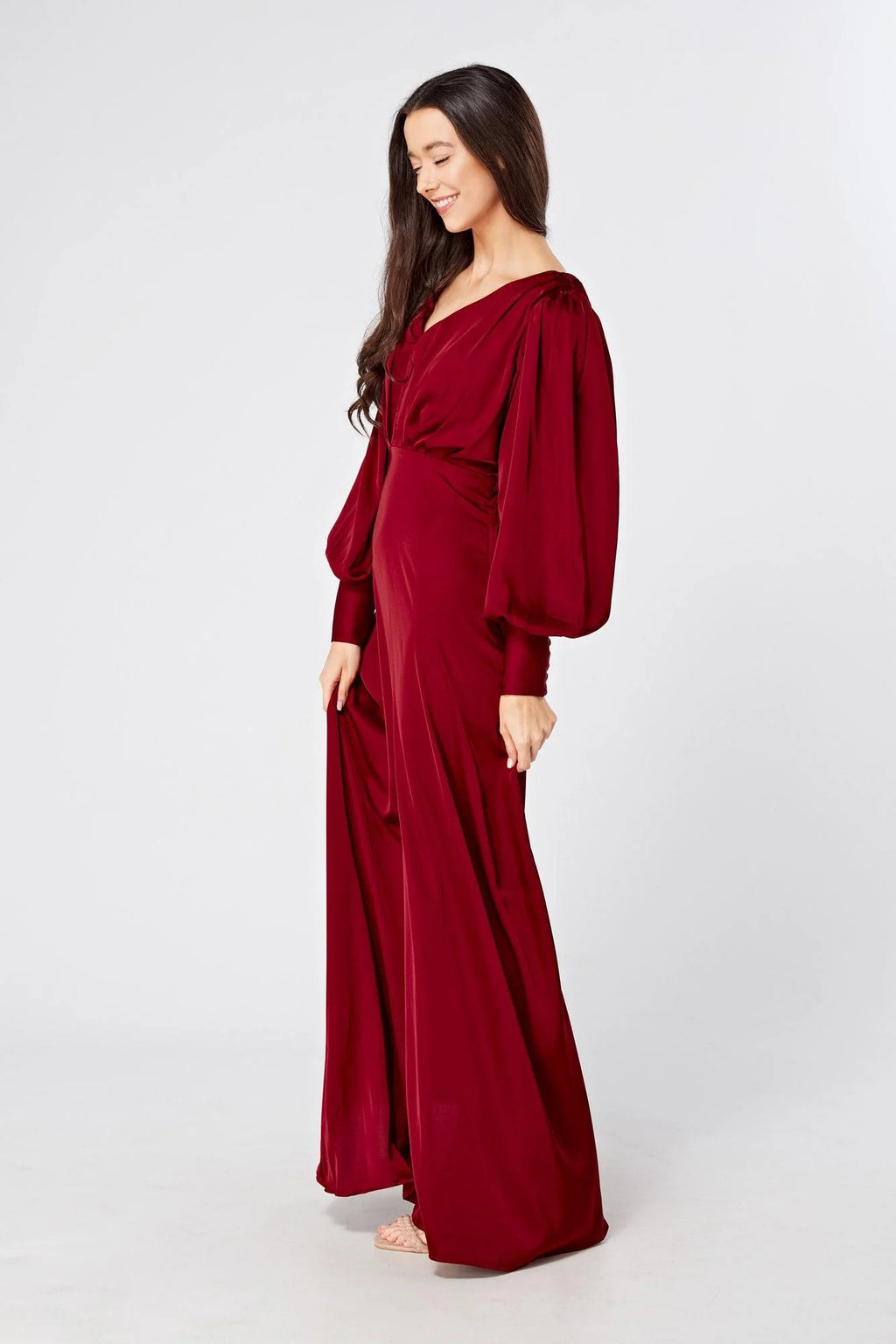 Norina Deep Red Satin Maxi Dress With Long Sleeves