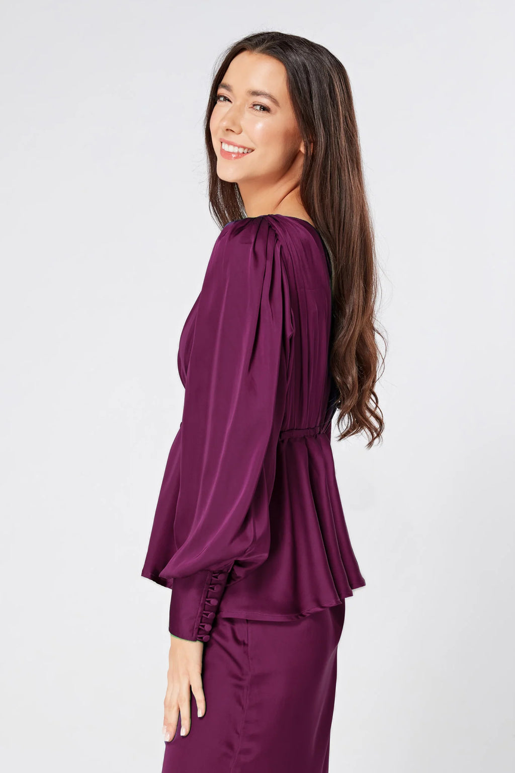 Elisa Plum Purple Crepe Satin Buttoned Blouse
