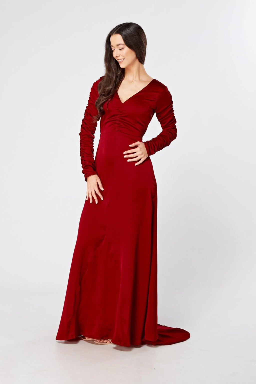 Ella Red Crepe Maxi Dress With Ruched Detail