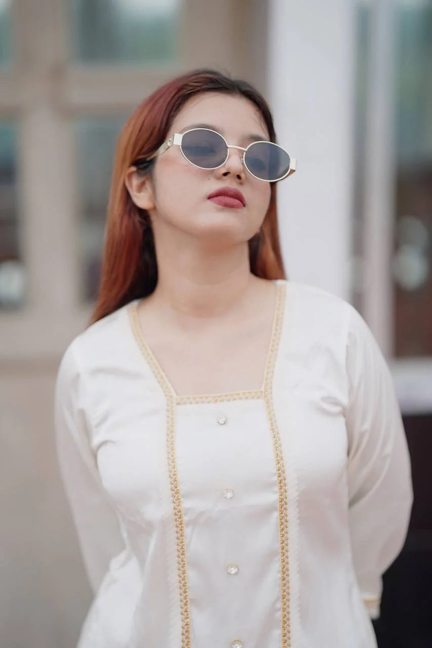 Safa Off White Golden Premium Satin Kameez