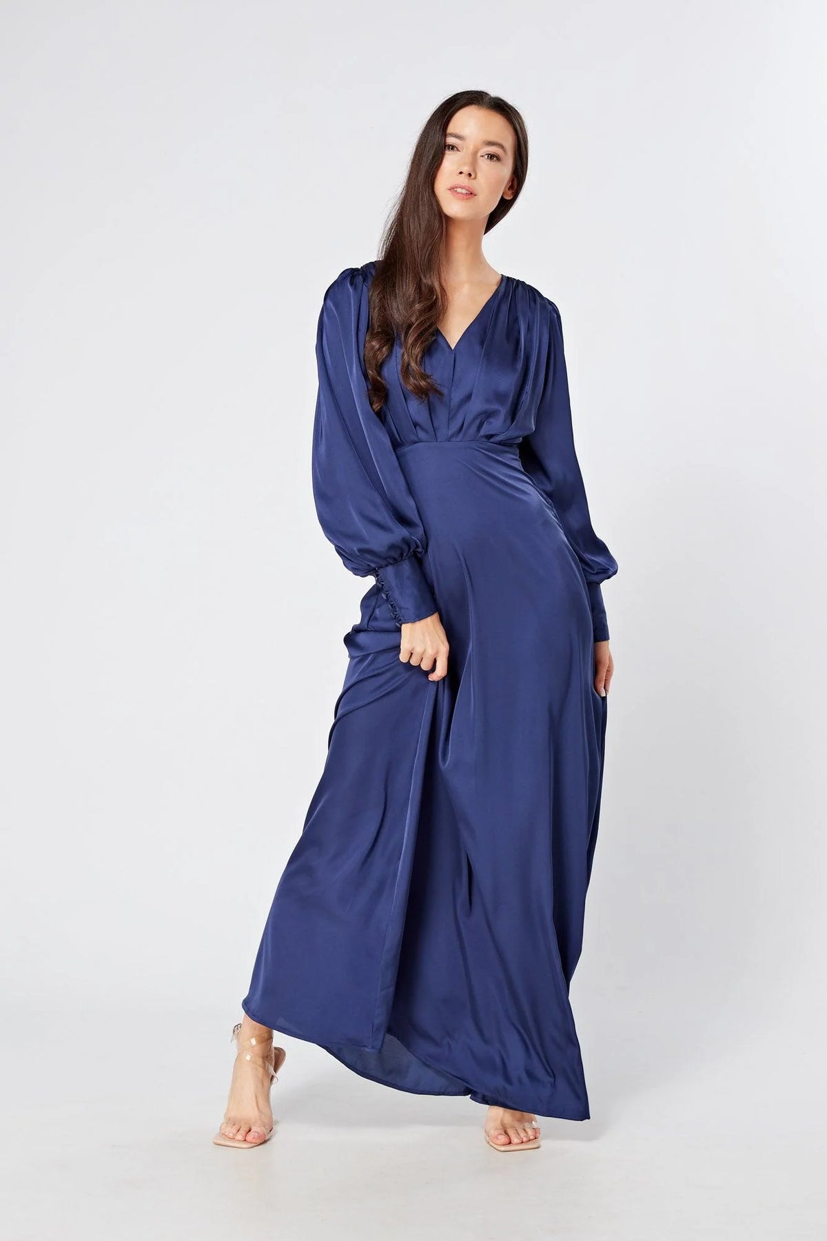 Afina Dark Blue Satin Maxi Dress With Long Sleeves