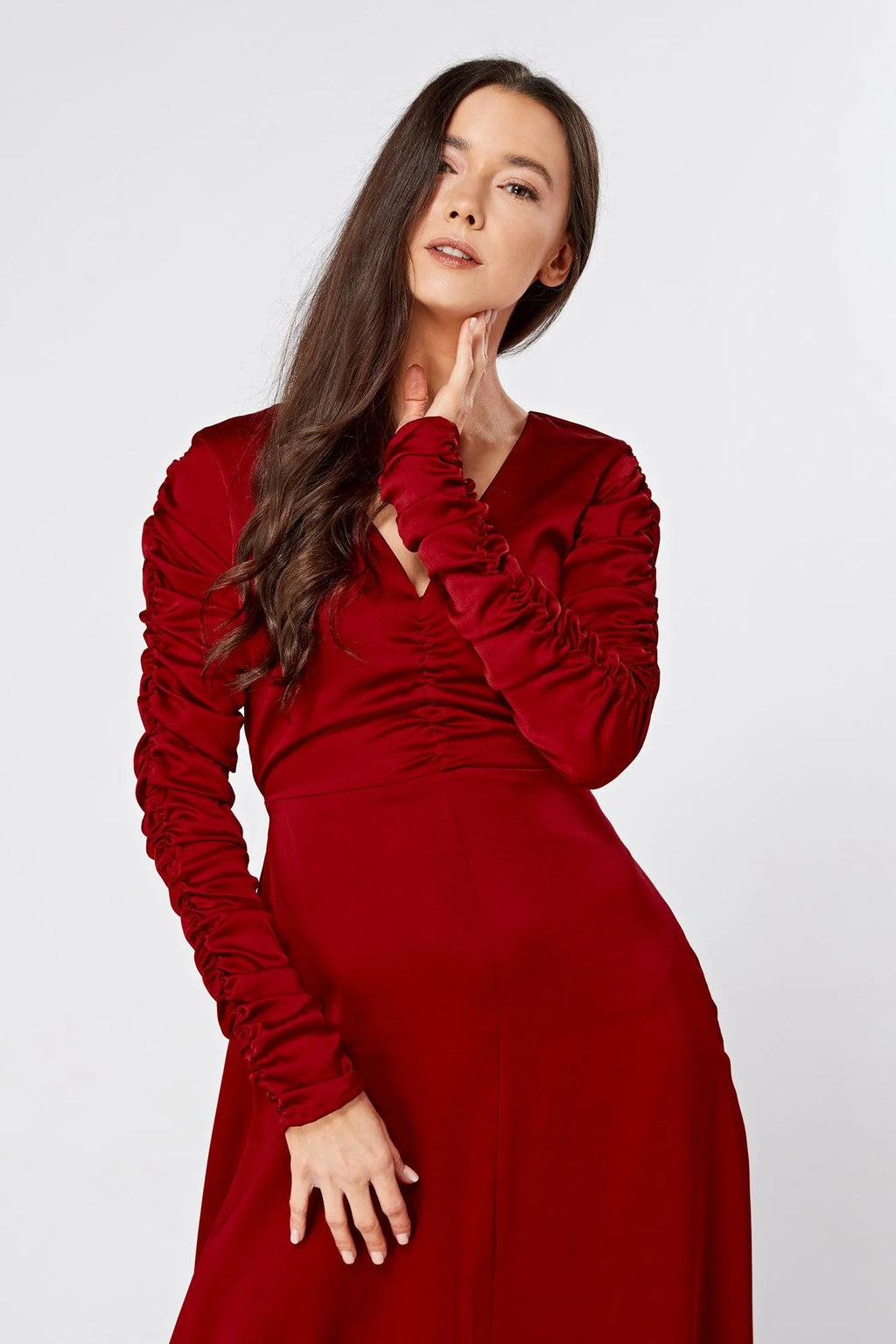 Ella Red Crepe Maxi Dress With Ruched Detail